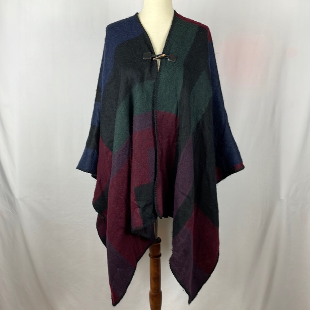 Calvin Klein Fuzzy Black Green and Burgundy Plaid Poncho - One Size Fits Most